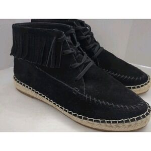 Joie Genevieve Black Suede Espedrille Moccasin Shoe Boots Fringe Trim 37.5 US 7